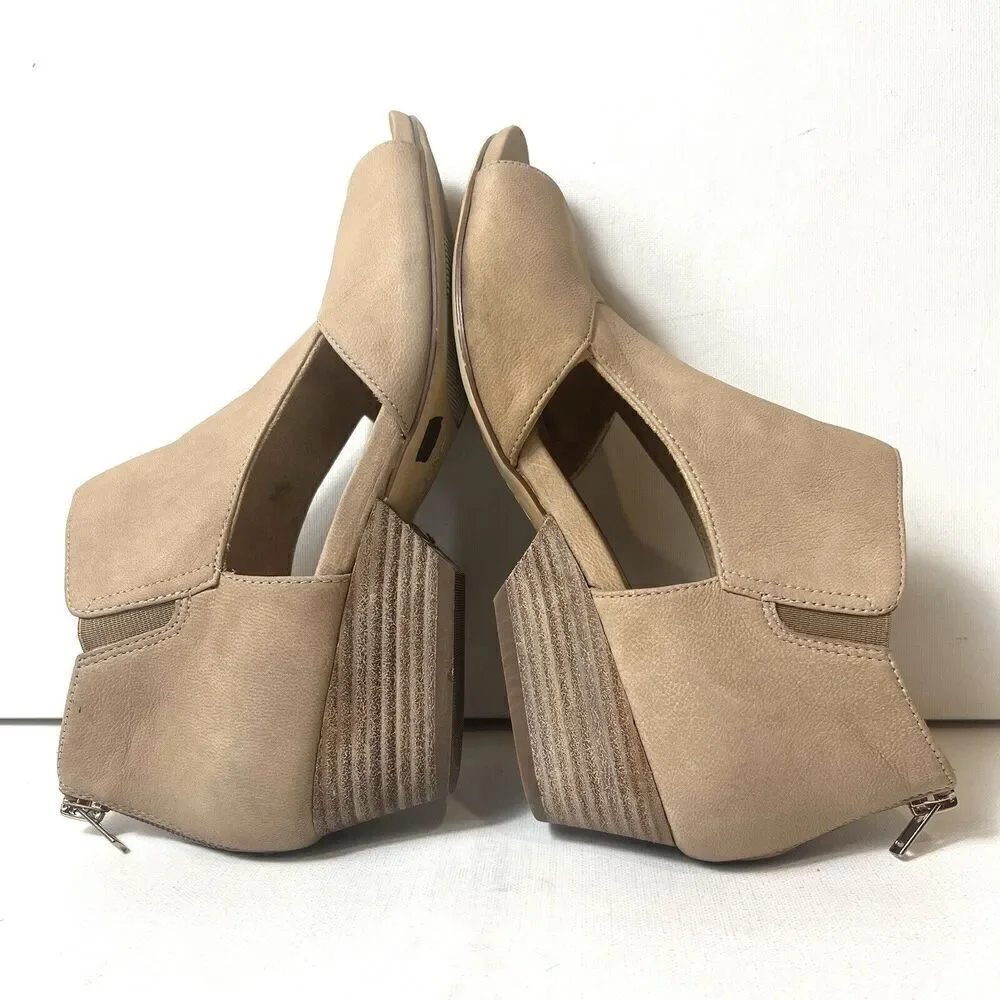 Naturalizer Womens 7.5M Wedge Wood Heel Zip Up Wrap Bootie Beige Nubuck Peep Toe